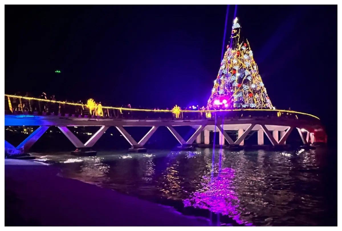 El alcalde Munguía iluminó el monumental pino navideño en el muelle de la playa Los Muertos