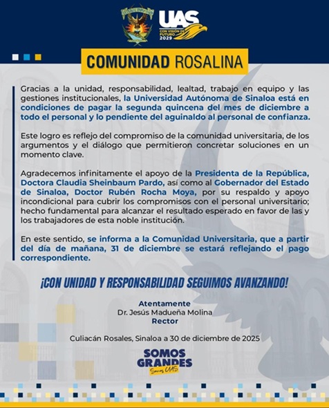 El rector de la UAS confirma el pago de aguinaldo y sueldo quincenal a su personal de confianza