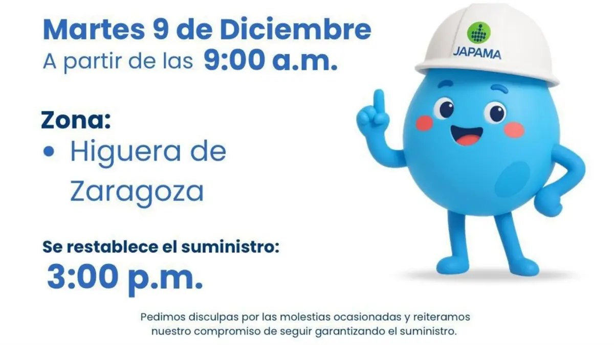 JAPAMA interrumpirá el suministro de agua este martes en Higuera de Zaragoza por obras de pavimentación